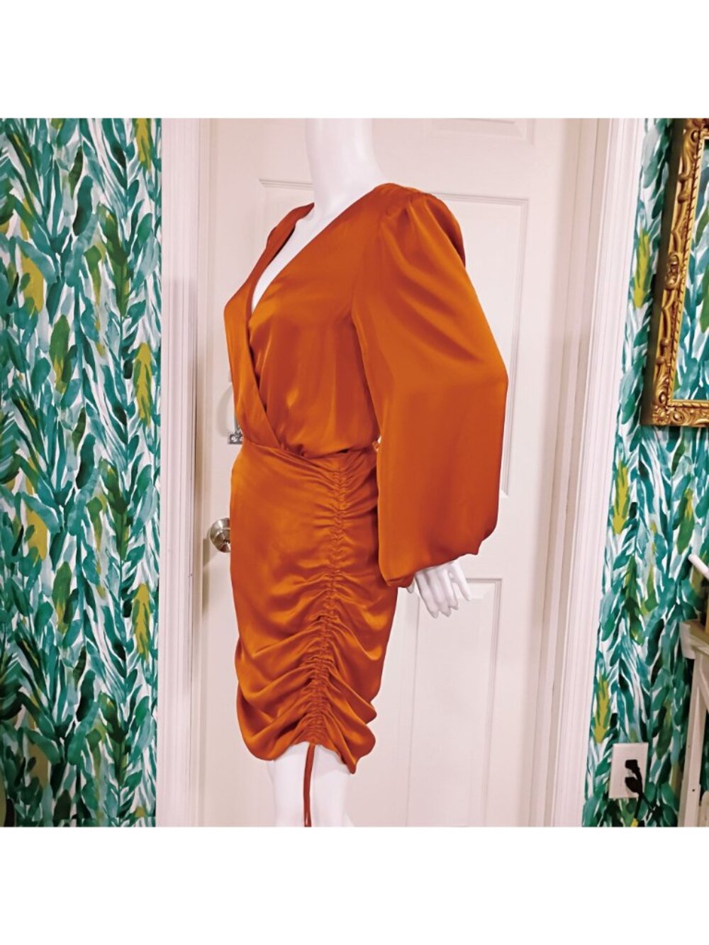 NWT Ramy Brook Foxy Mini Dress Women's 6 Cinnamon Satin Long Sleeve Side Ruched - Picture 5 of 16